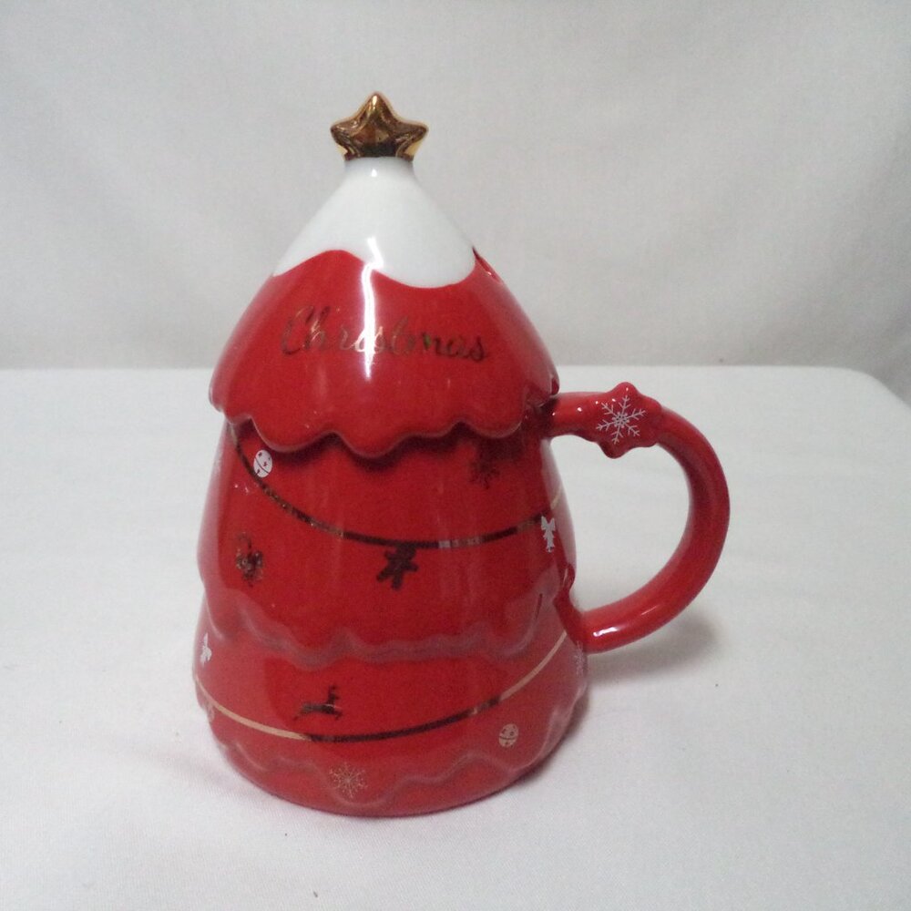 Christmas Tree lidded Mug Cup Snowflakes Stars Reindeer Bells ceramic straw hole